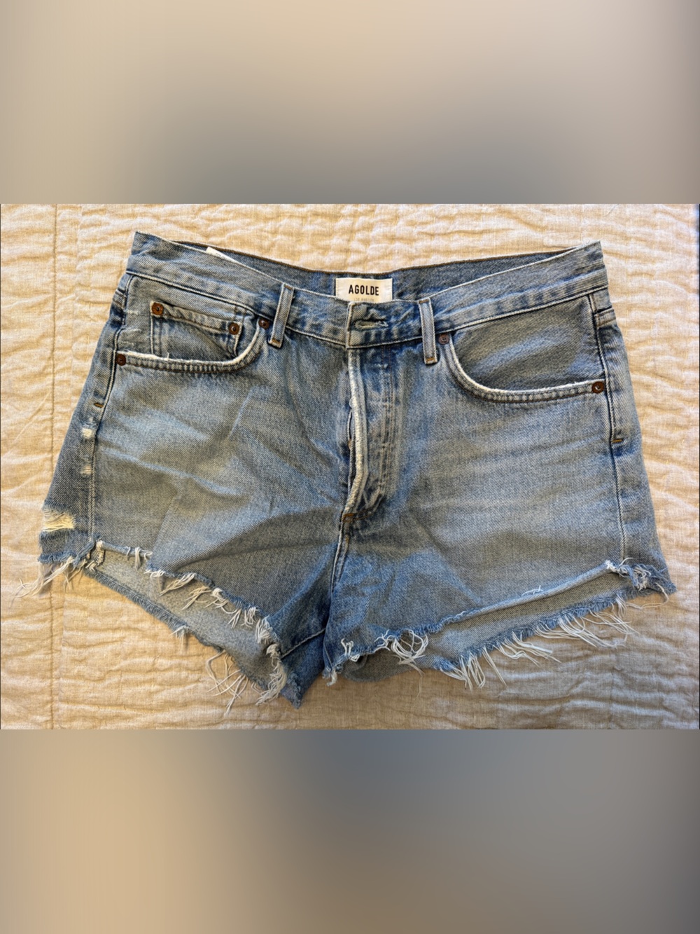 Agolde Faded Light Blue Frayed-Hem Denim Shorts